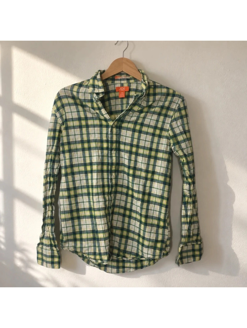 Joe Fresh Men's Small Green Blue Yellow Plaid Long Sleeve Button Down Shirt